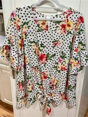 Polka Dot Floral Tie-Front Tunic Top in White